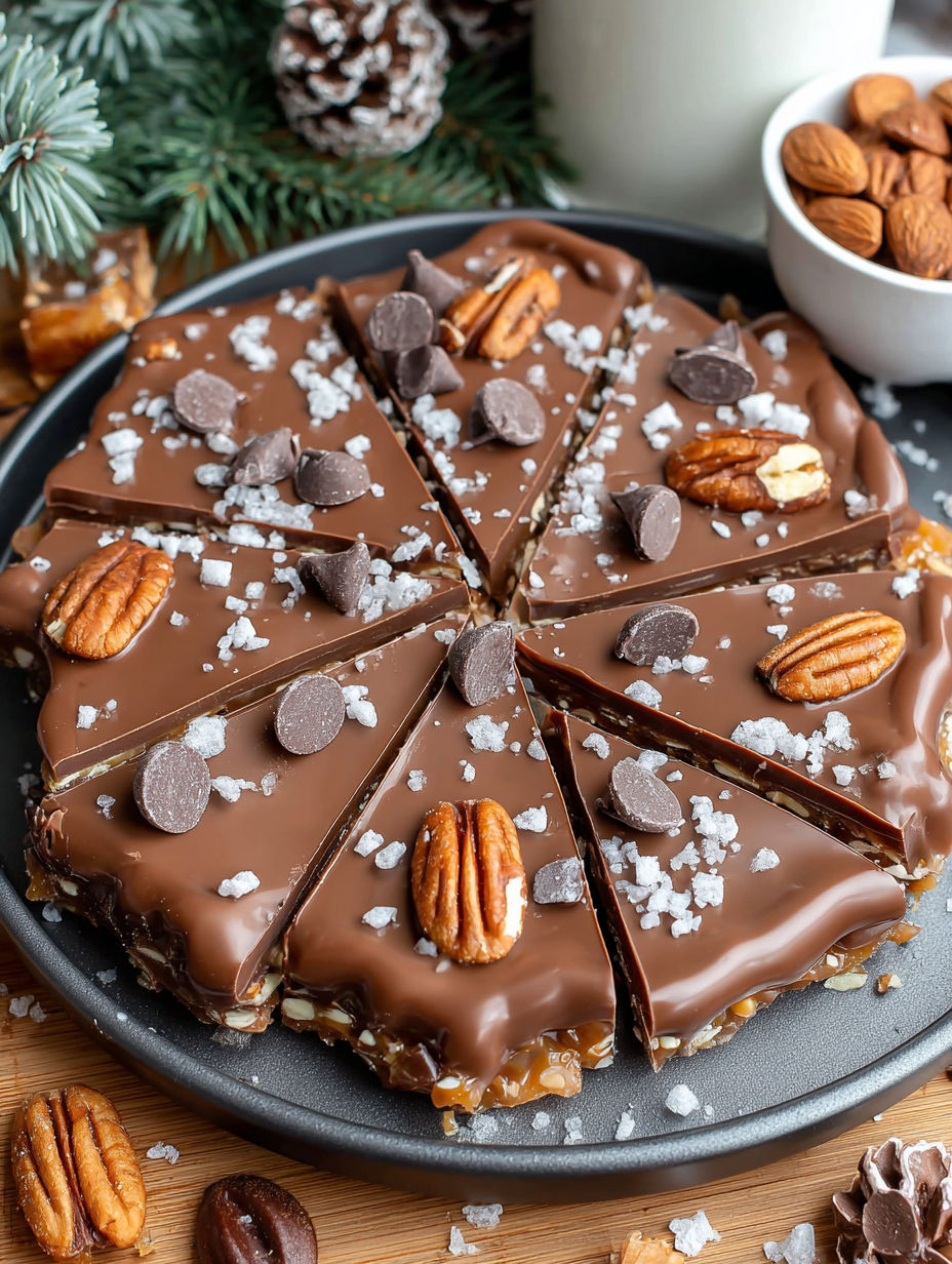 A slice of chocolate toffee with nuts.