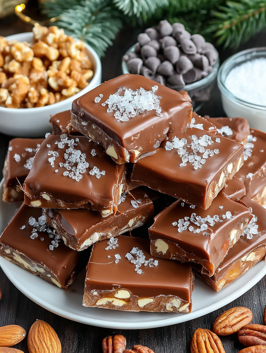 A plate of chocolate toffee with nuts.