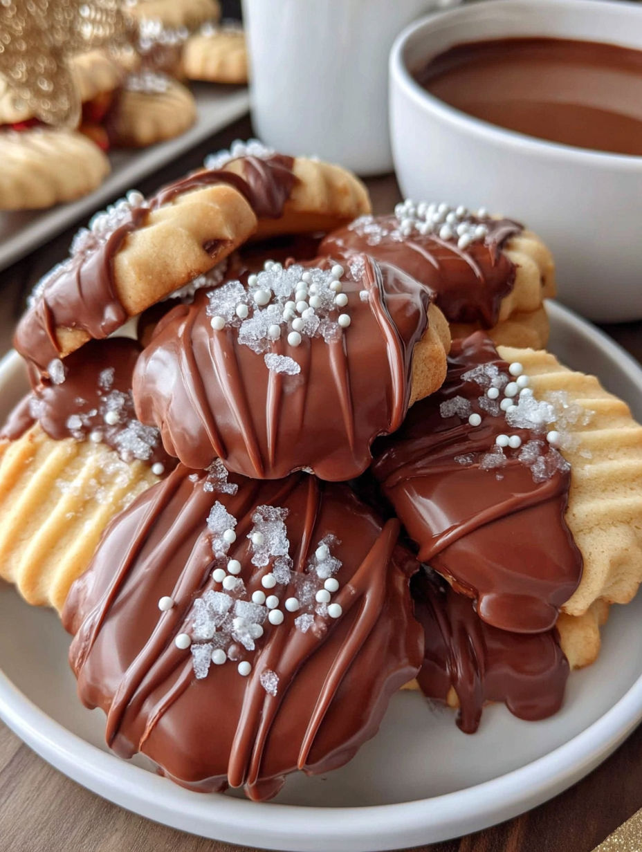 A plate of chocolate dipped cookies.
