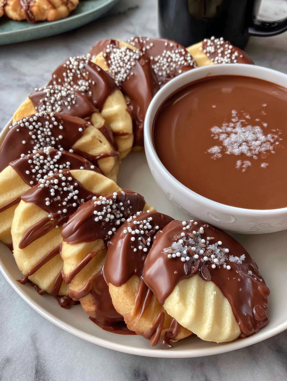 A plate of chocolate dipped cookies.