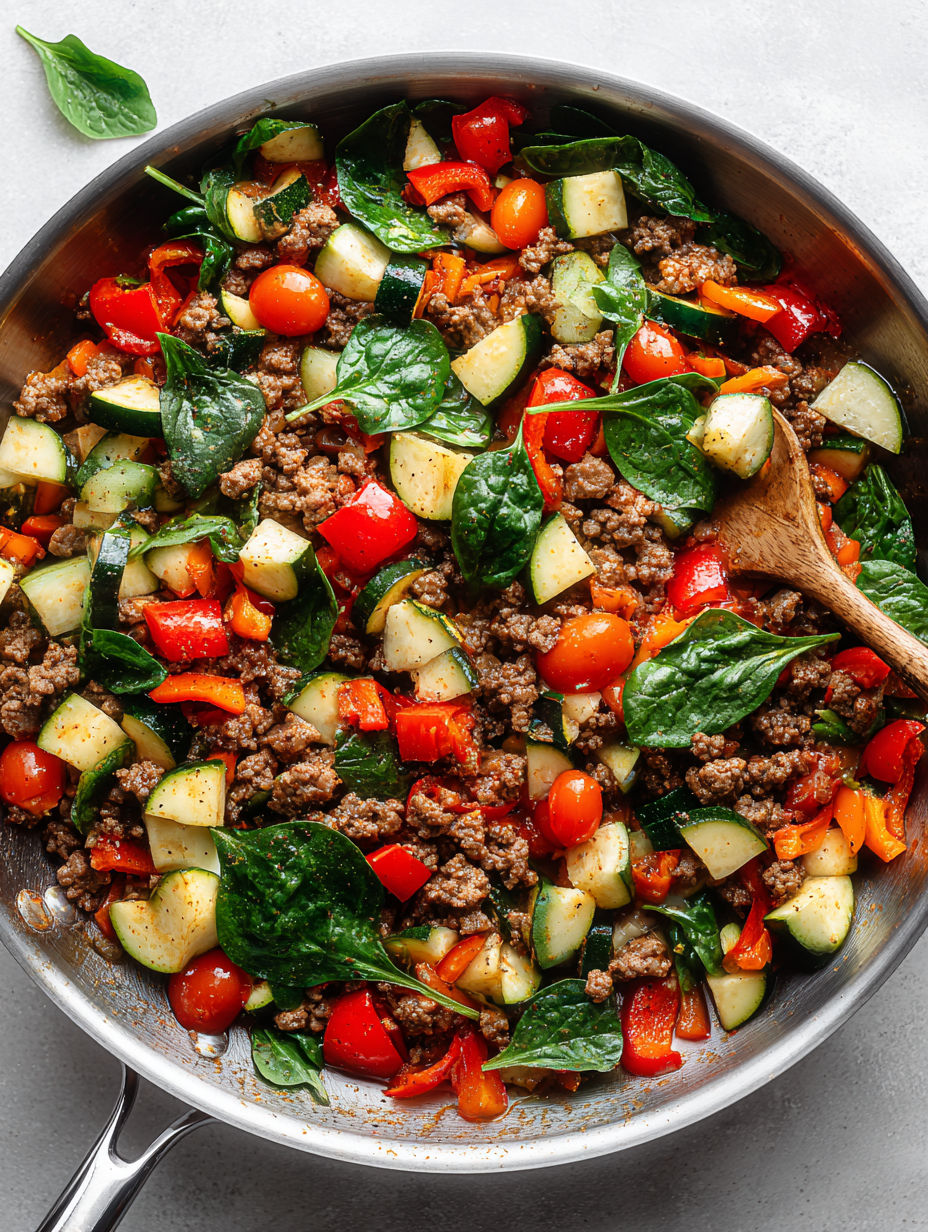 A skillet filled with ground beef and vegetables.