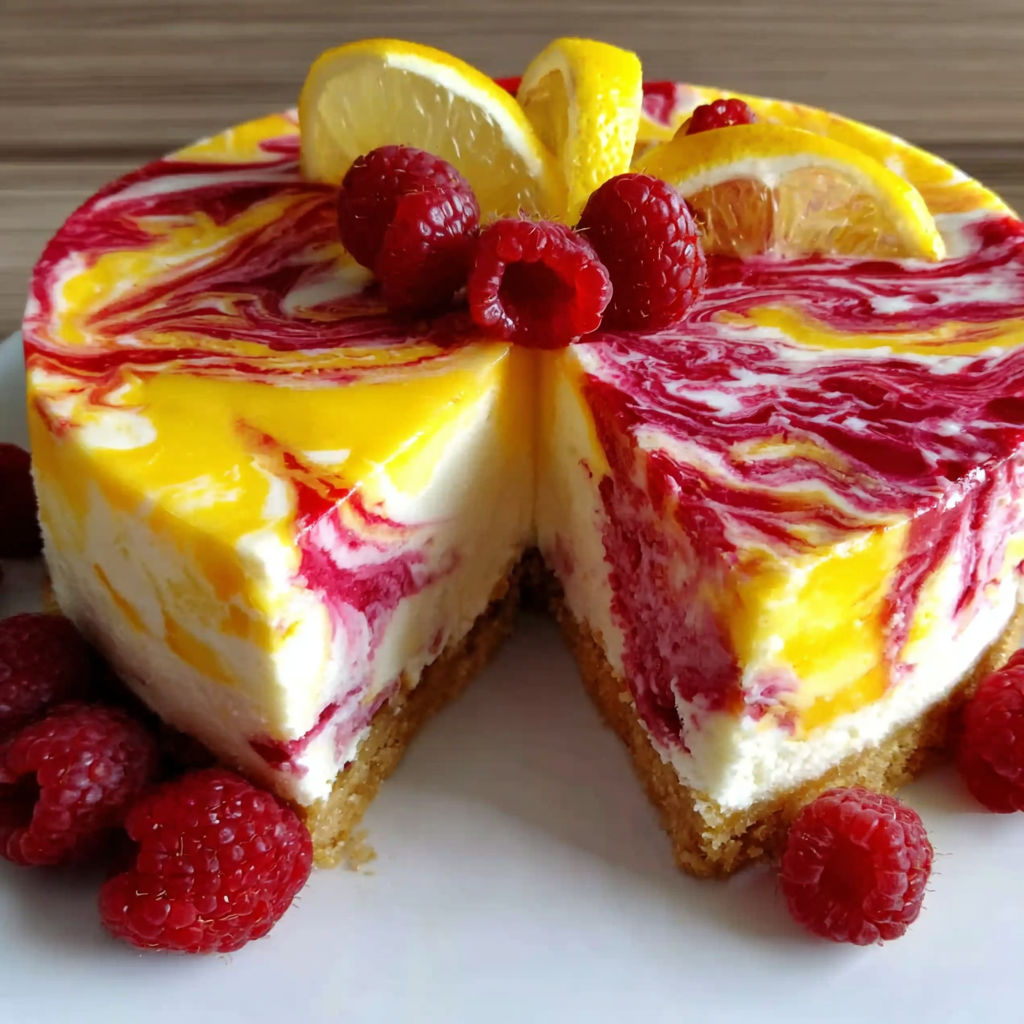 A slice of lemon raspberry swirl cheesecake.