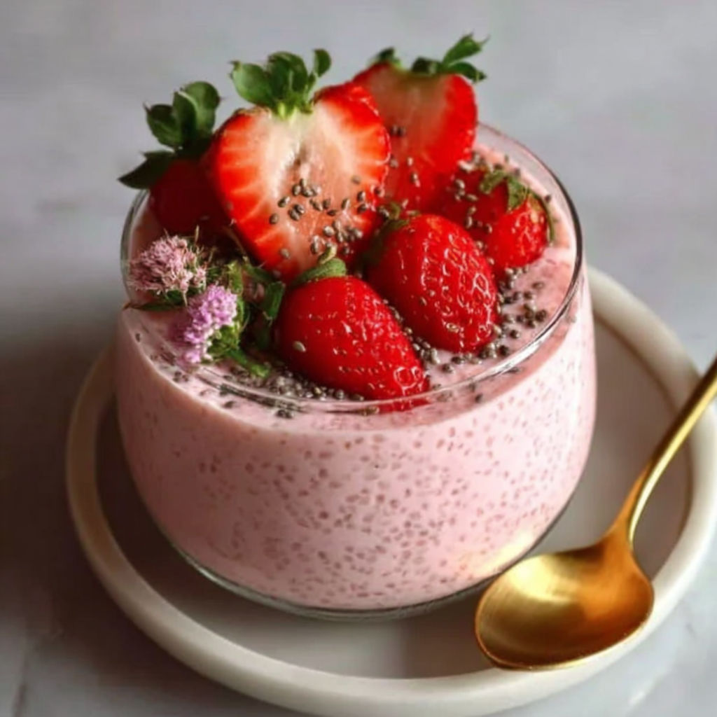 A bowl of strawberry vanilla chia pudding with a spoon.
