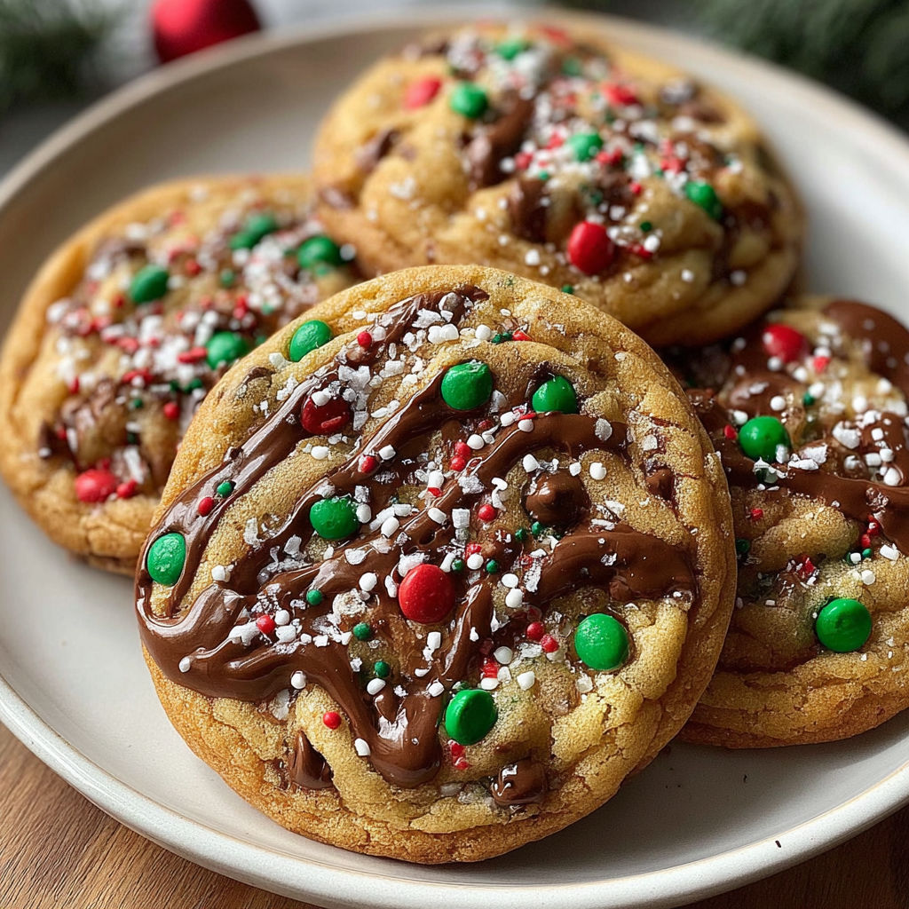 A plate of chocolate chip cookies with green and red sprinkles.