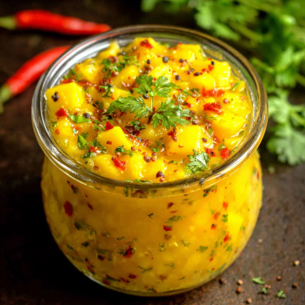 A glass bowl filled with a sweet and spicy mango salad dressing.