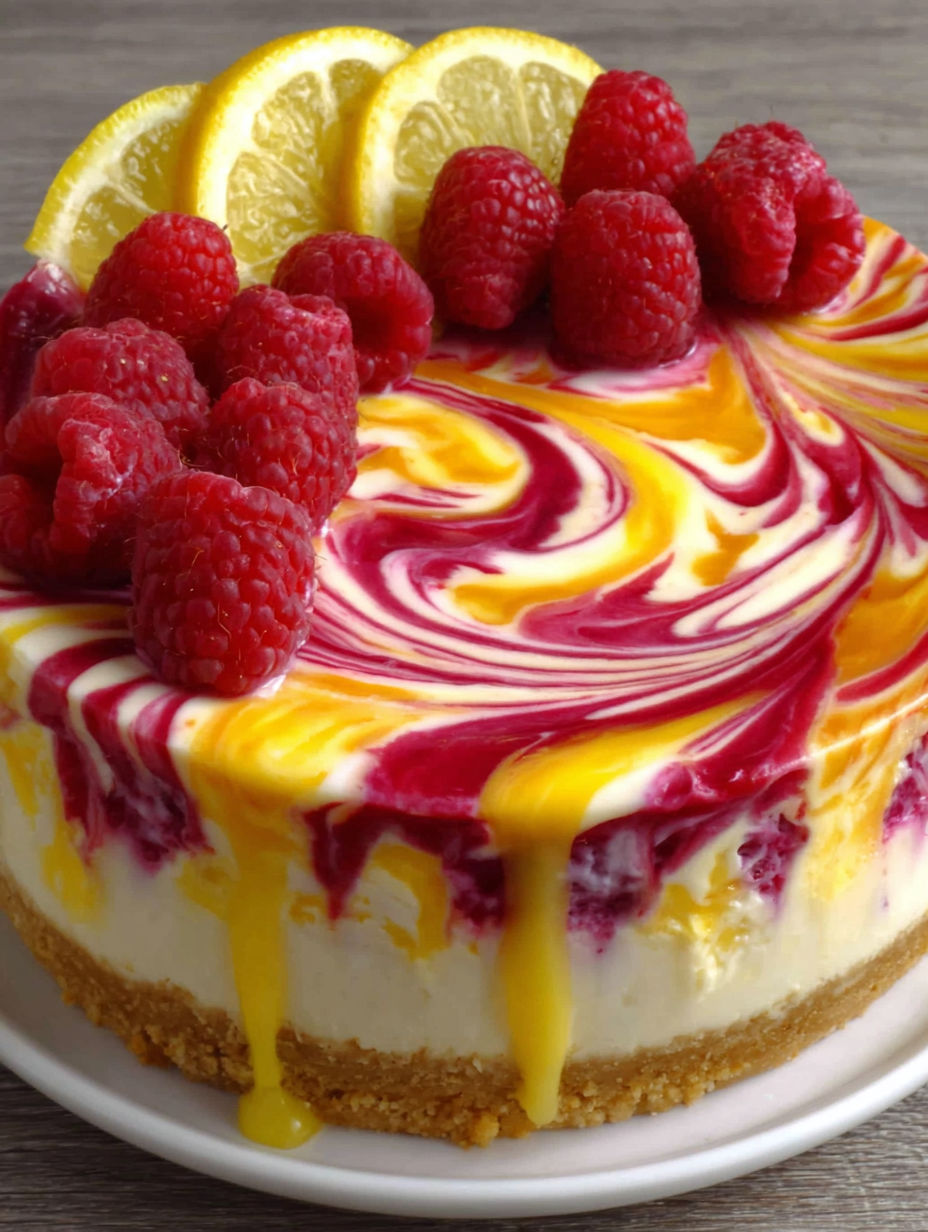 A slice of lemon raspberry swirl cheesecake.