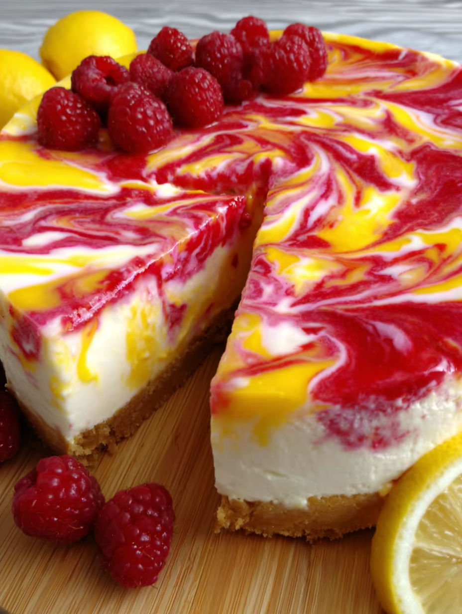 A slice of lemon raspberry swirl cheesecake.