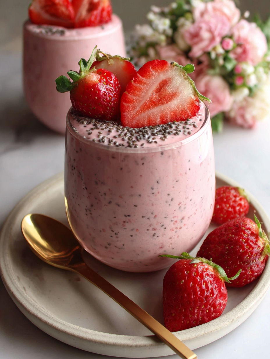 A glass of strawberry vanilla chia pudding with strawberries on top.