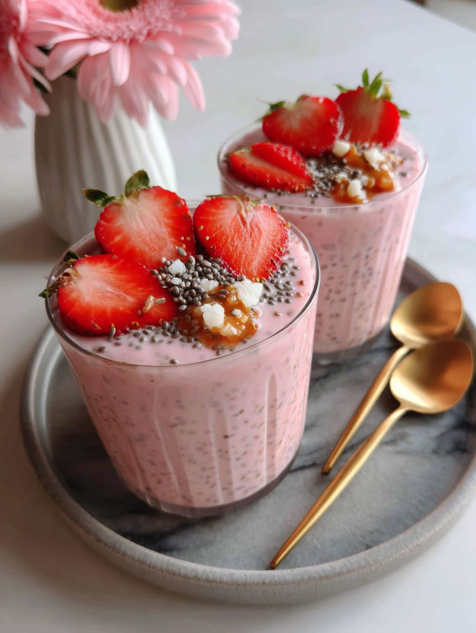 Two glasses of strawberry vanilla chia pudding.