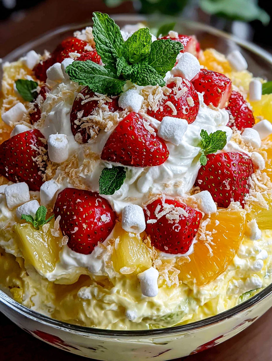 A delicious Hawaiian cheesecake salad with strawberries and coconut.