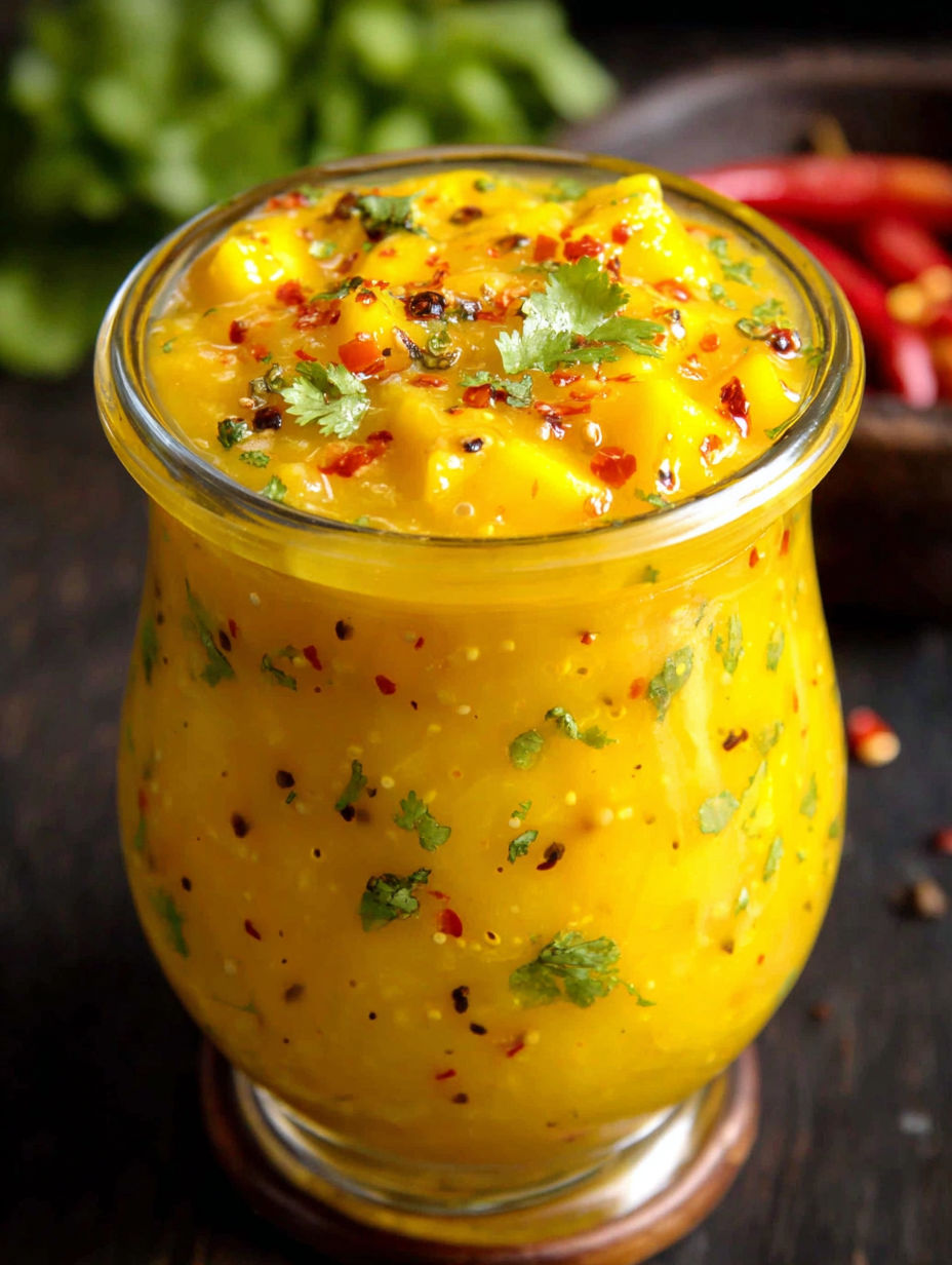 A glass of mango salad dressing with spices.