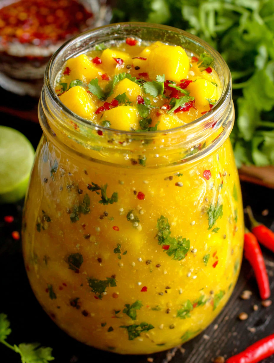 A jar of sweet spicy mango salad dressing.