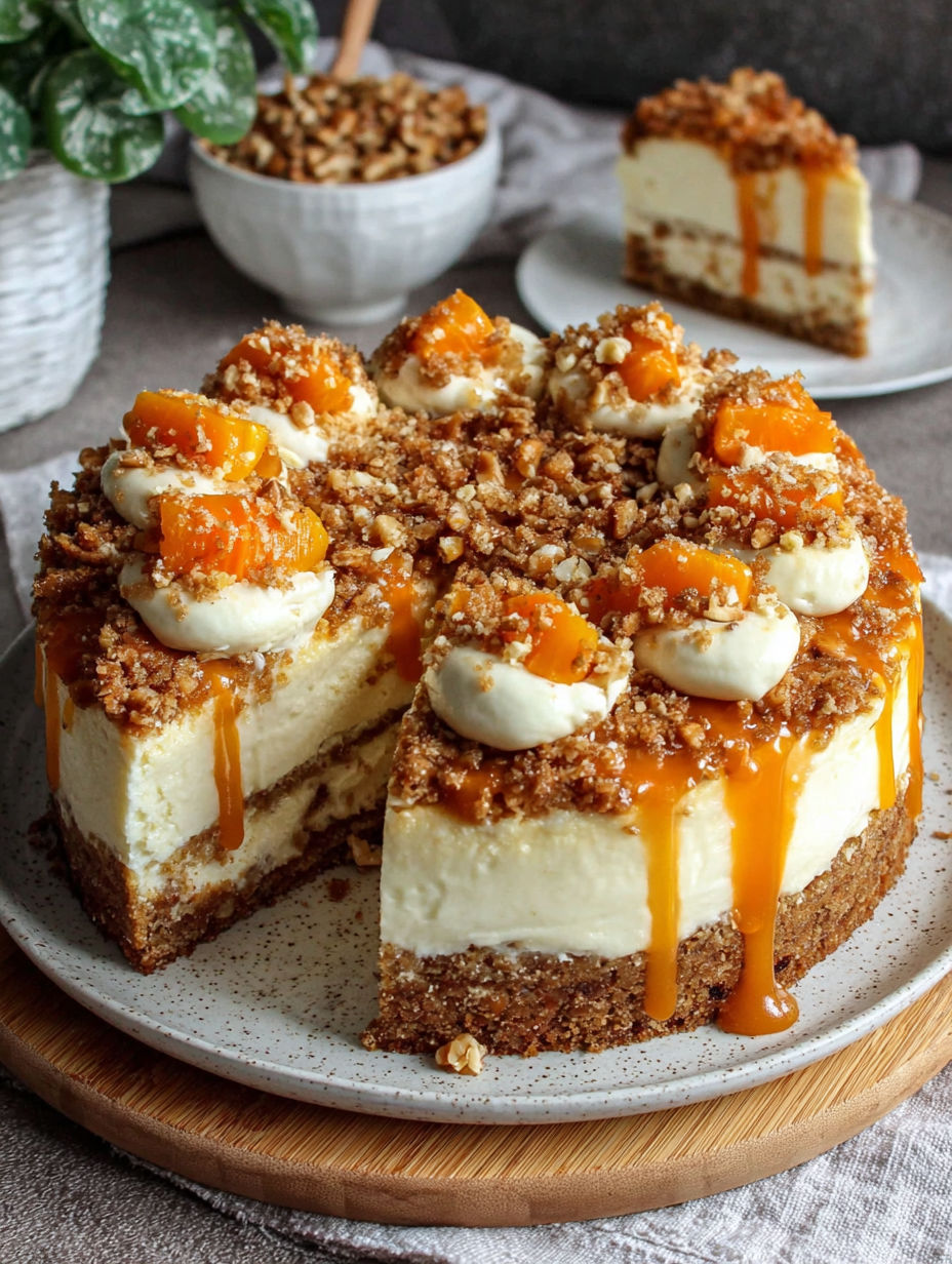 A slice of cake with a drizzle of caramel sauce.