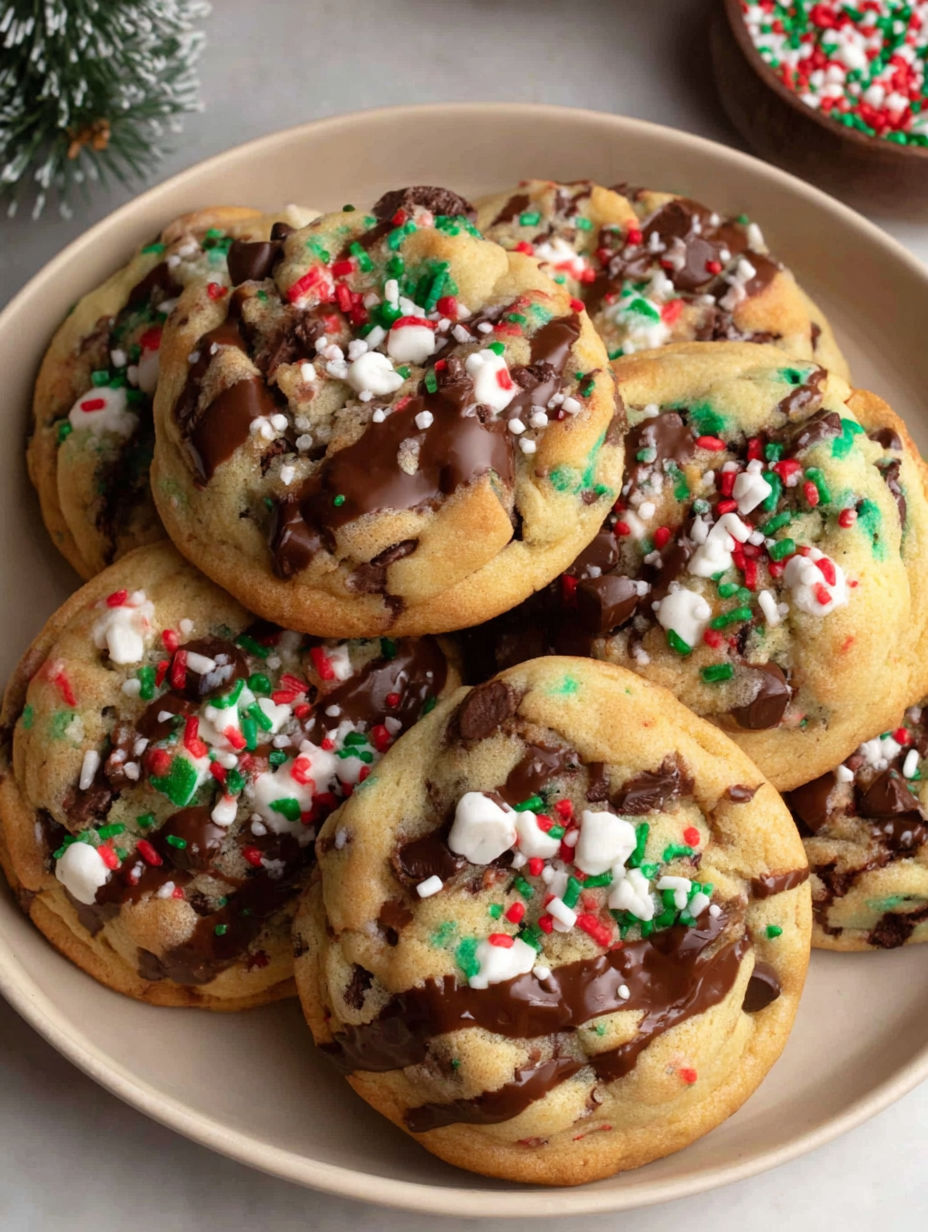 A plate of chocolate chip cookies with white and red sprinkles.