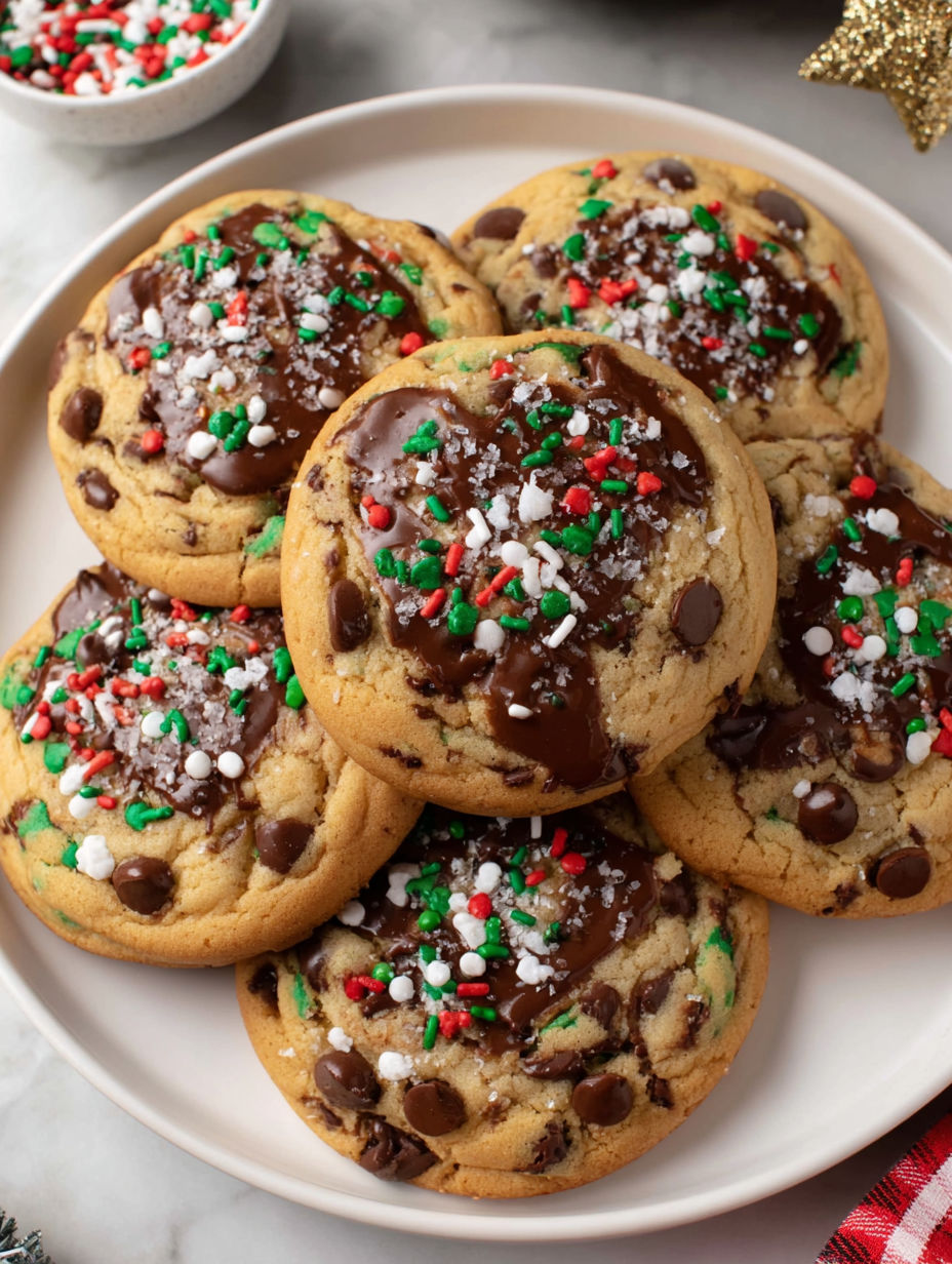 A plate of chocolate chip cookies with white and red sprinkles.