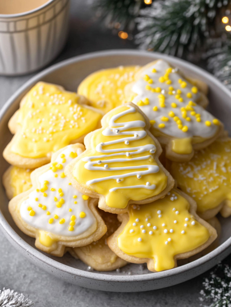 A bowl of cookies with white icing and yellow sprinkles.