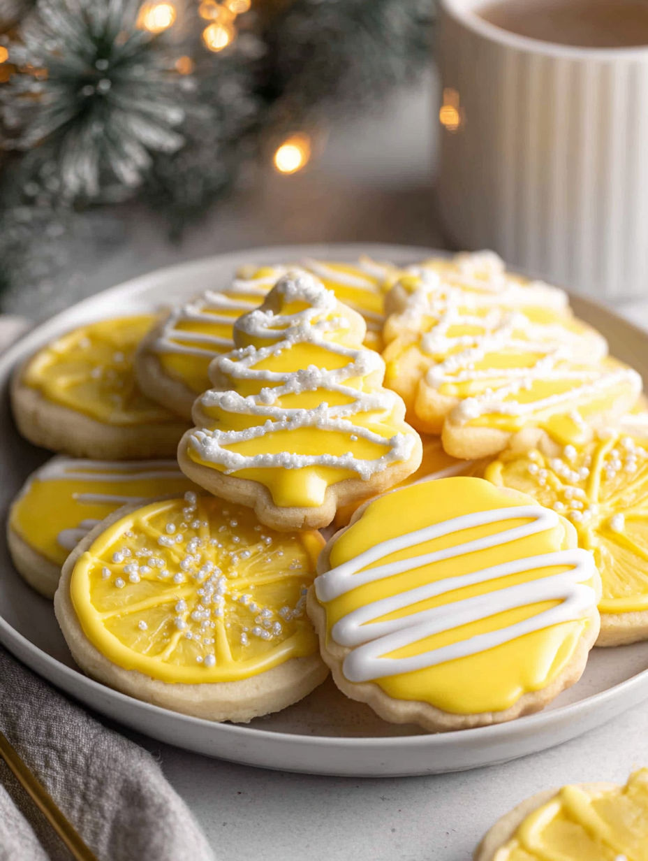 A plate of cookies with white icing and lemon slices.