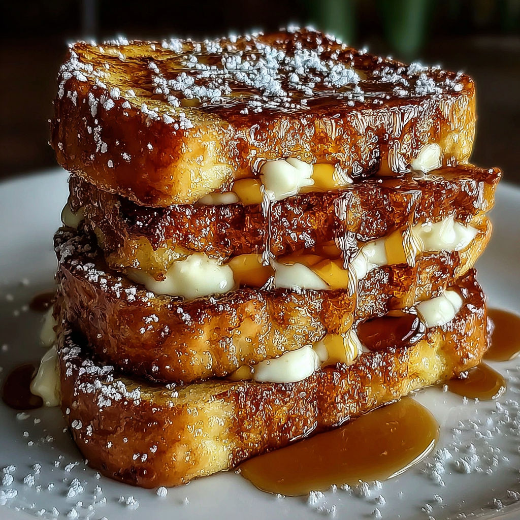A stack of French toast with powdered sugar and syrup.