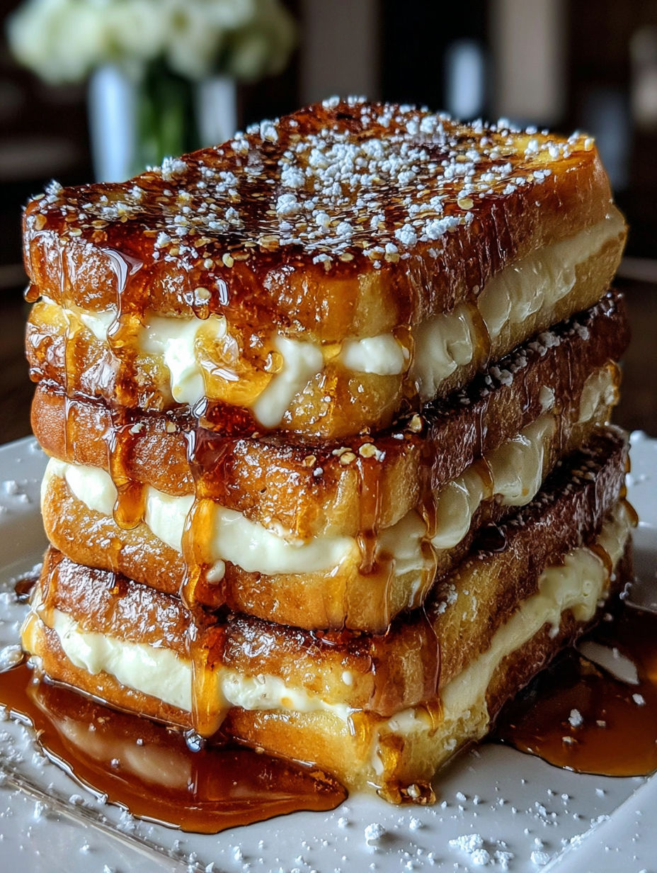 A stack of French toast with powdered sugar.