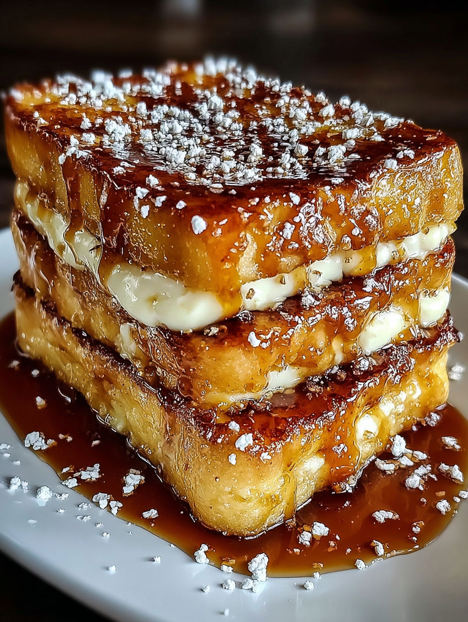 A stack of French toast with powdered sugar on top.