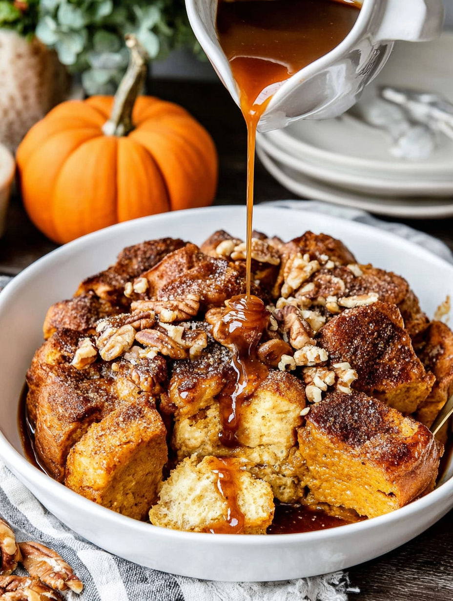 A bowl of French toast with a syrup drizzle.