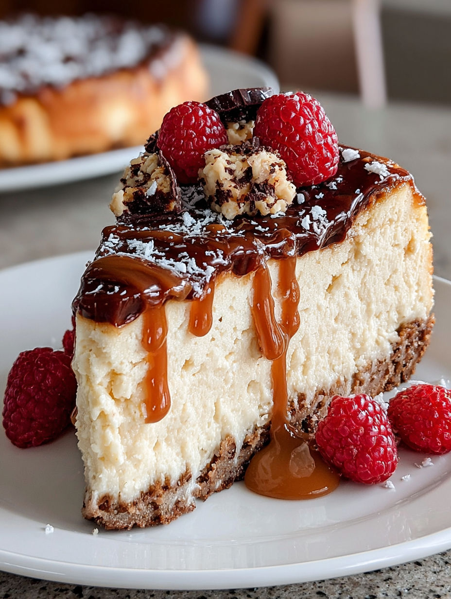 A slice of delicious protein cheesecake with chocolate drizzle and raspberries on top.