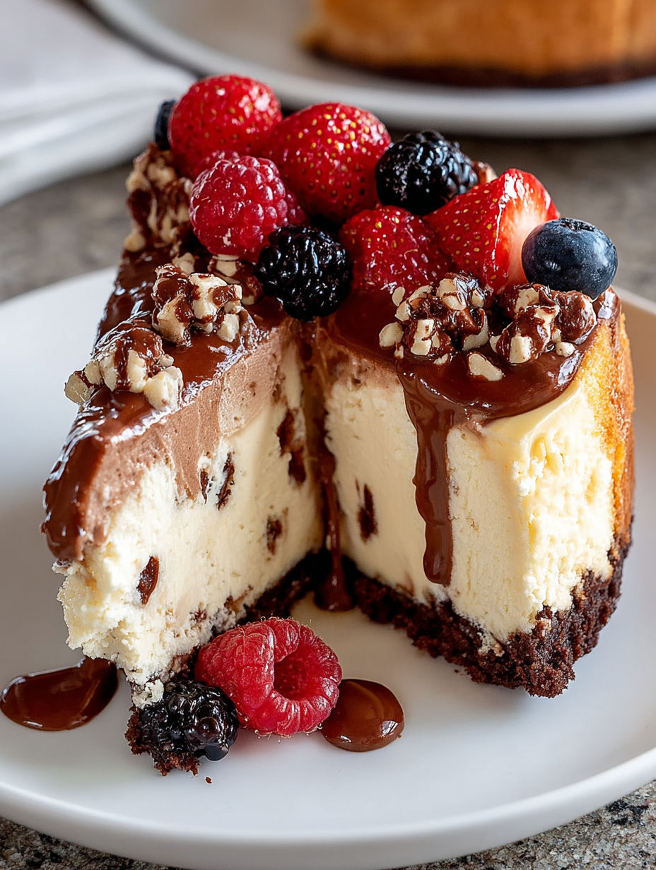 A slice of delicious protein cheesecake with chocolate drizzle.