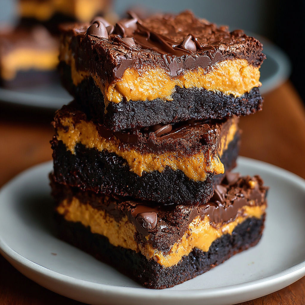 Three pieces of pumpkin brownies on a plate.