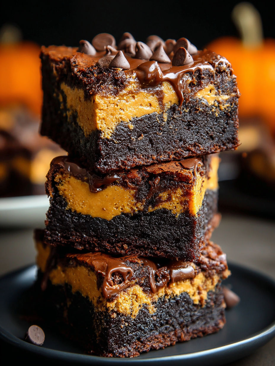 Three pieces of pumpkin brownies stacked on top of each other.