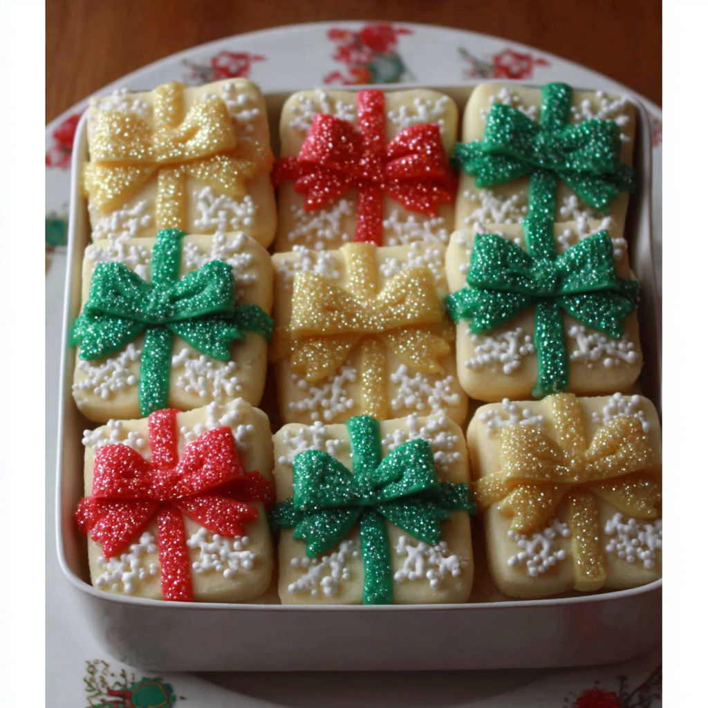 A box of Christmas cookies with green, red and yellow bow.