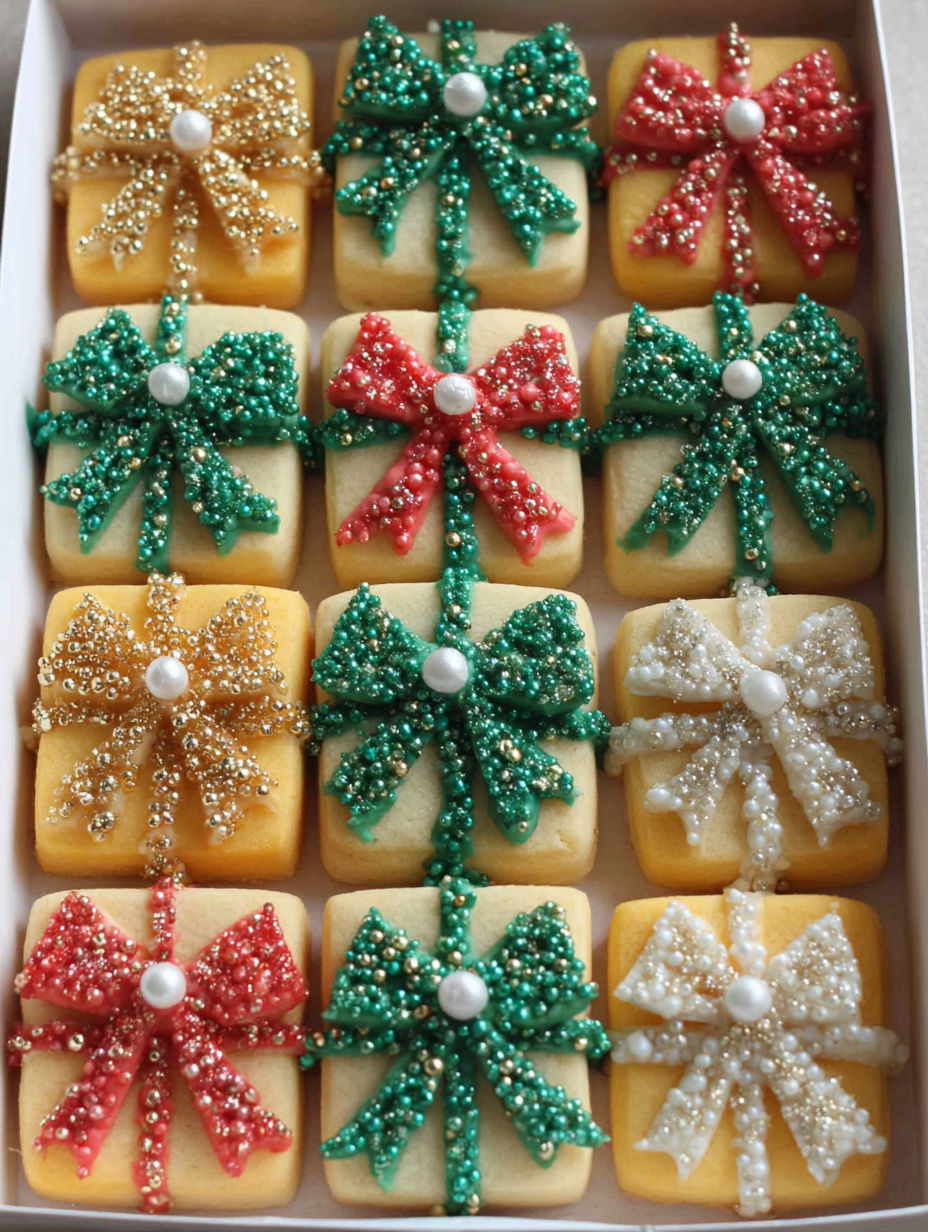 A box of Christmas cookies with green and red bows.