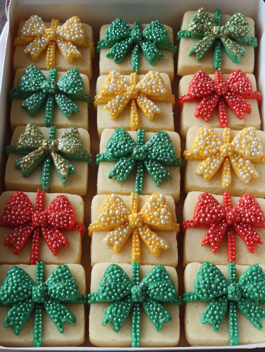 A box of Christmas cookies with a bow on top.