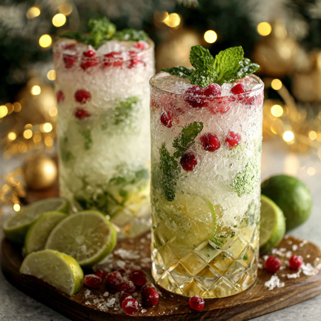 Two glasses of white Christmas mojitos.