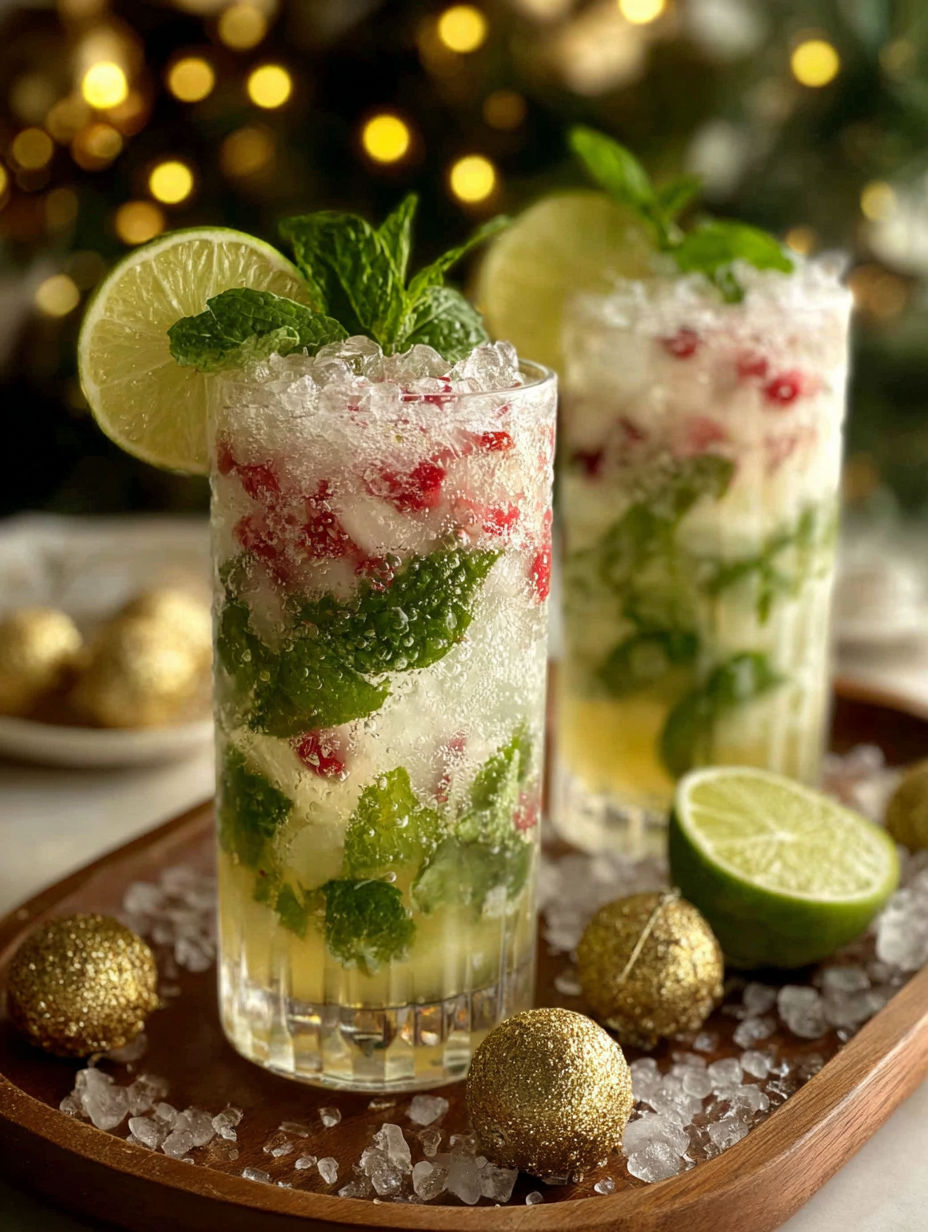 Two glasses of minty mojitos sit on a table with gold ornaments.
