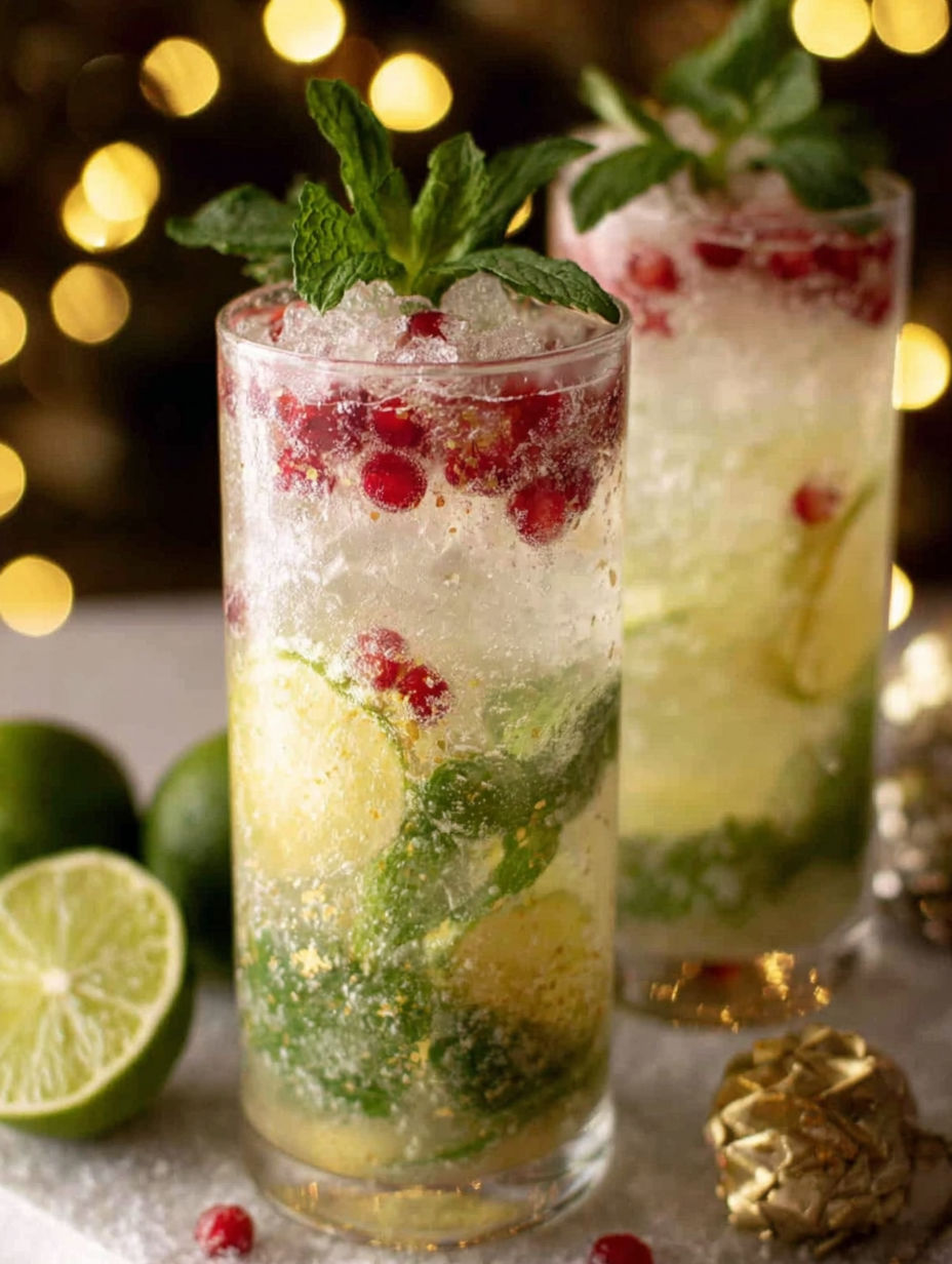 Two glasses of white Christmas mojitos.