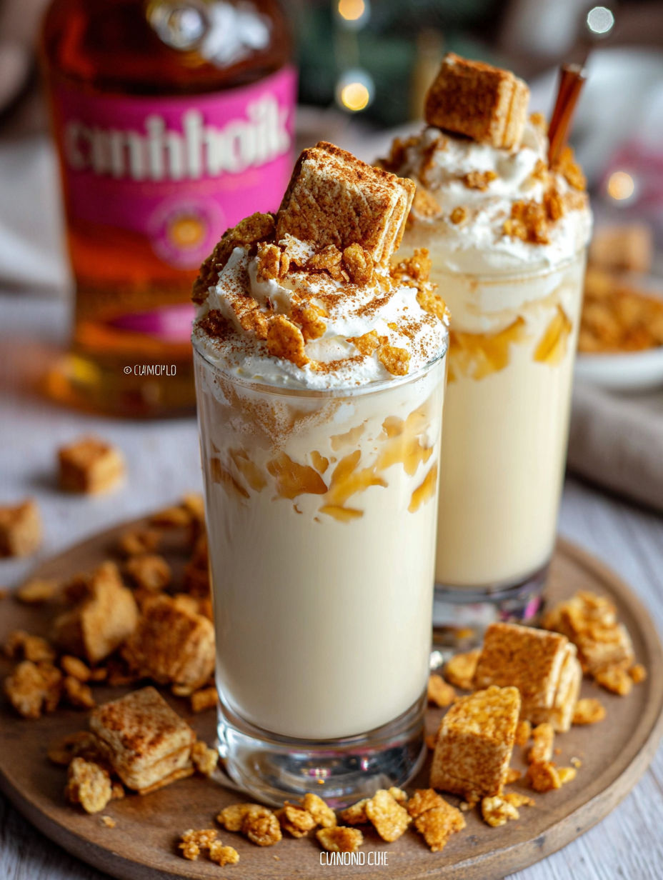 Two glasses filled with a creamy white substance topped with crunchy cinnamon toast crunch.