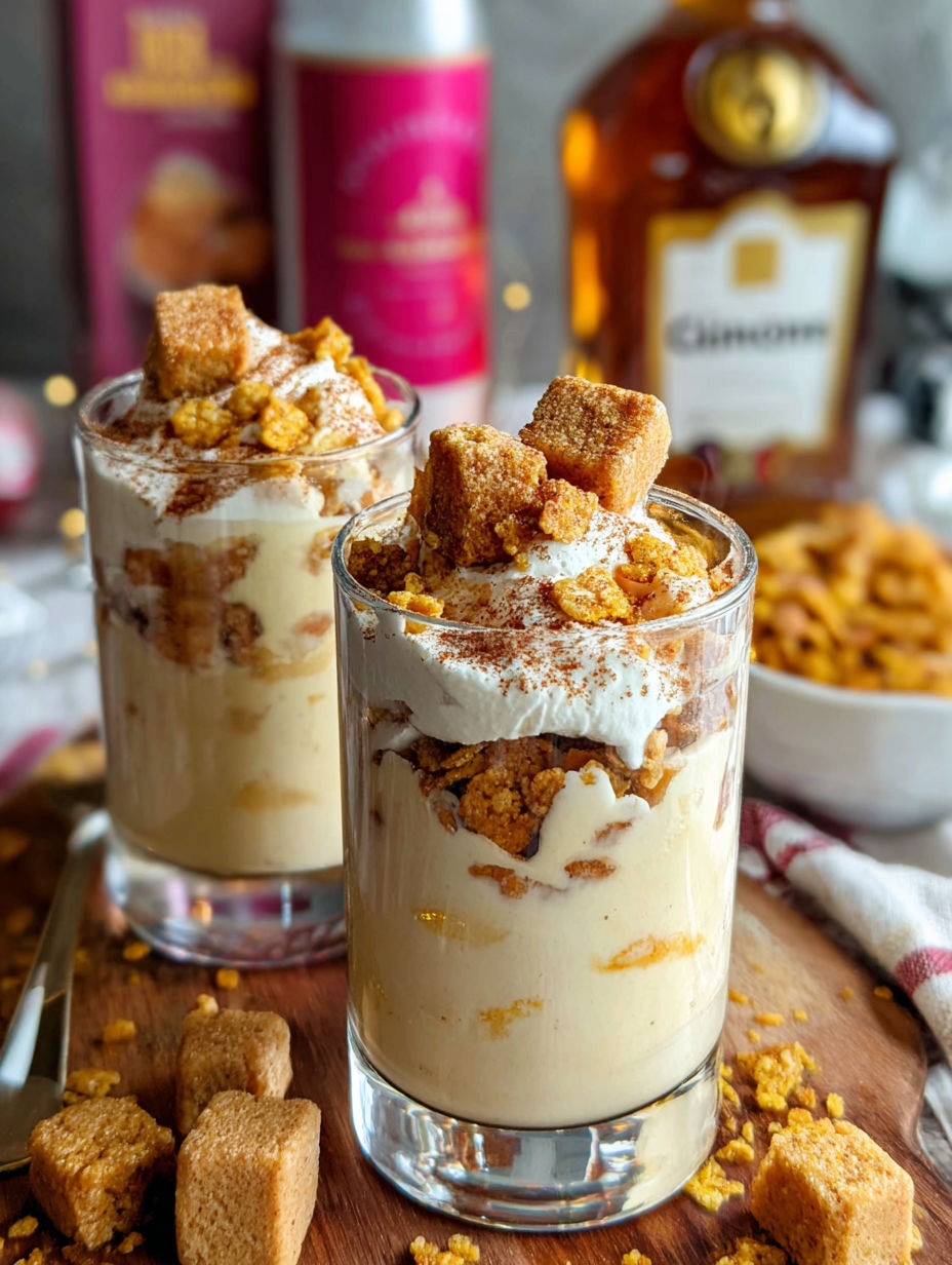 Two glasses filled with a creamy dessert topped with Cinnamon Toast Crunch.