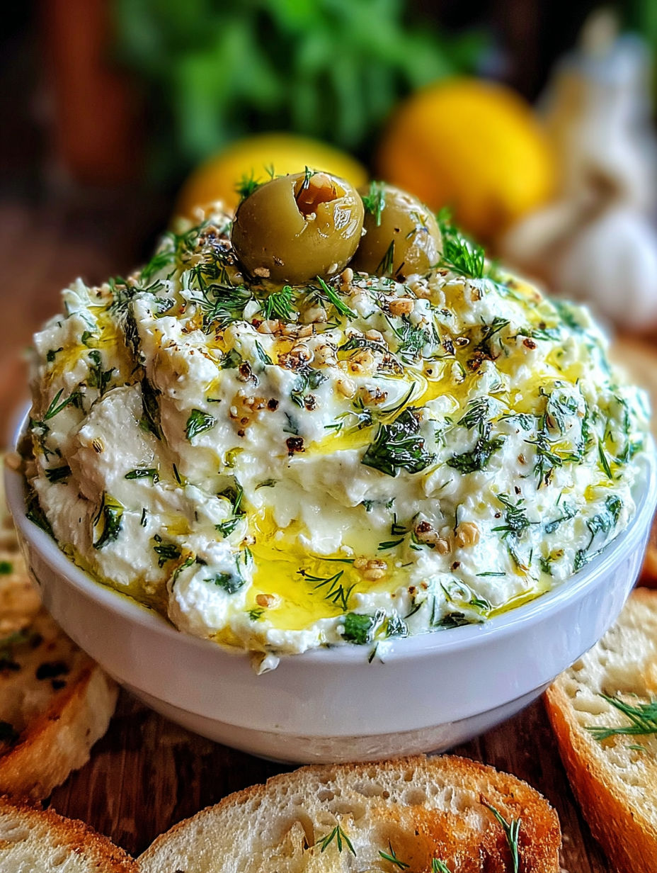 A white bowl filled with a creamy green olive and feta dip.