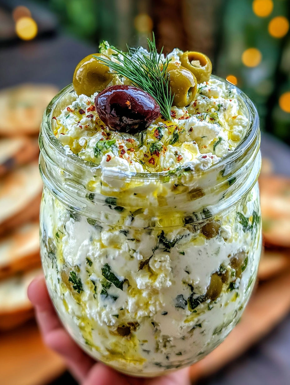 A jar of creamy green olive and feta dip.