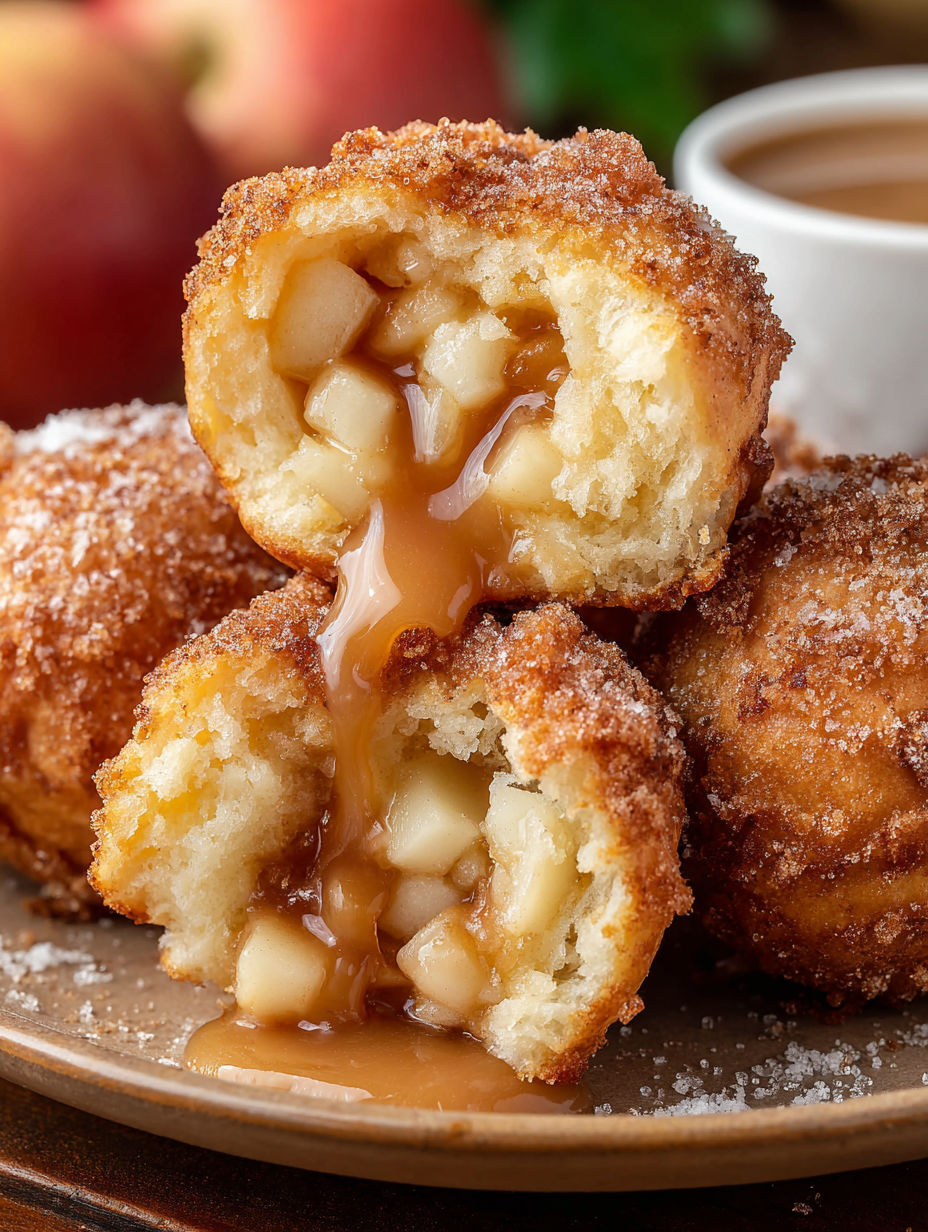 Air fryer apple pie bombs with caramel drizzle.