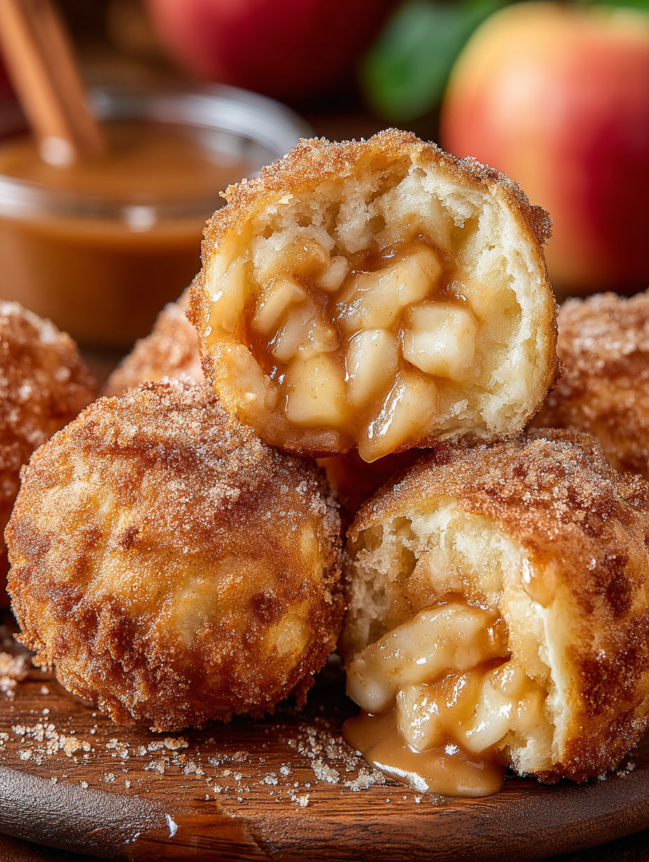 Air fryer apple pie bombs with caramel sauce drizzled on top.