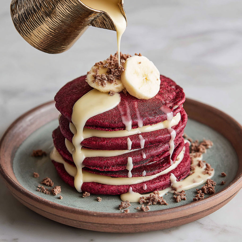 Red velvet pancakes with bananas and cream.