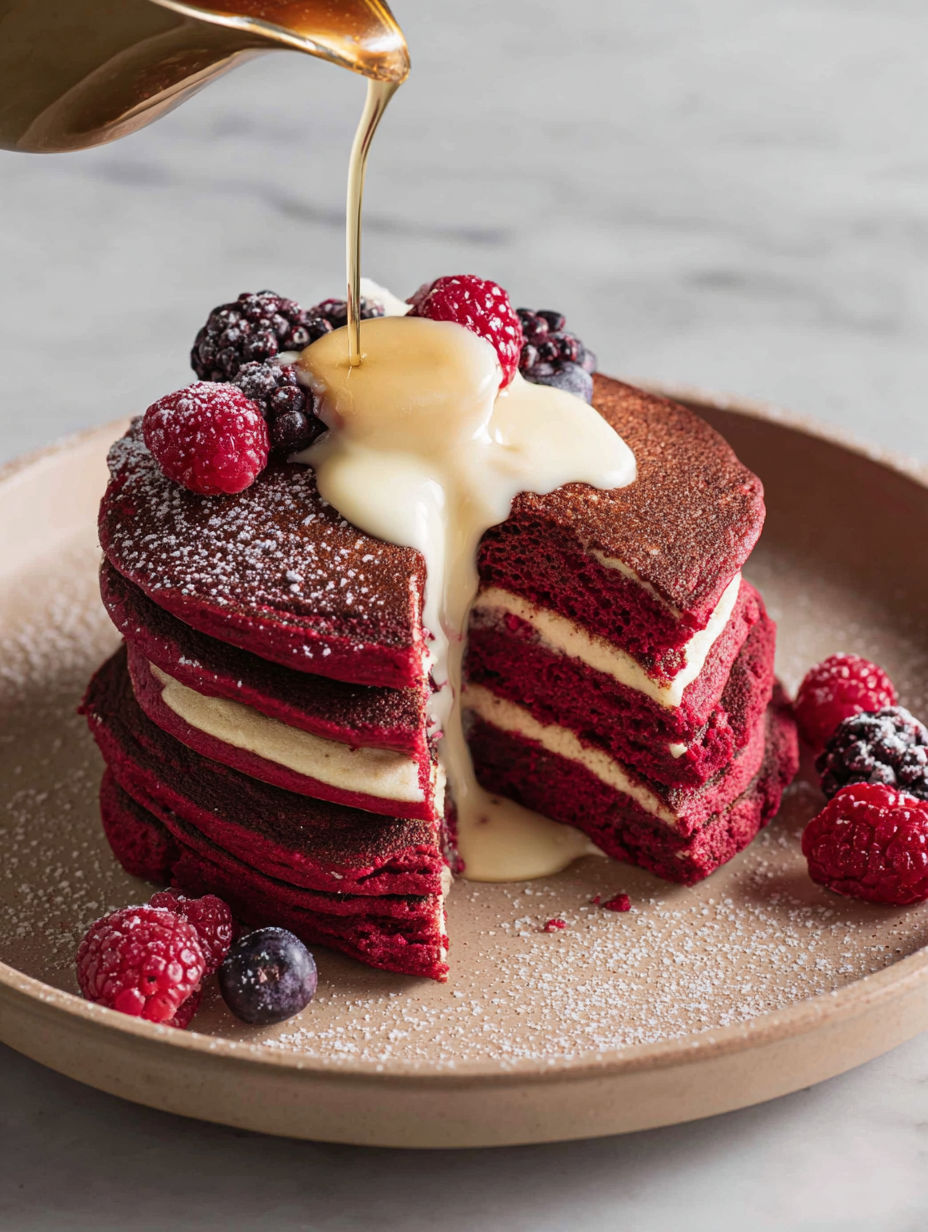 Red velvet pancakes with raspberries and whipped cream.