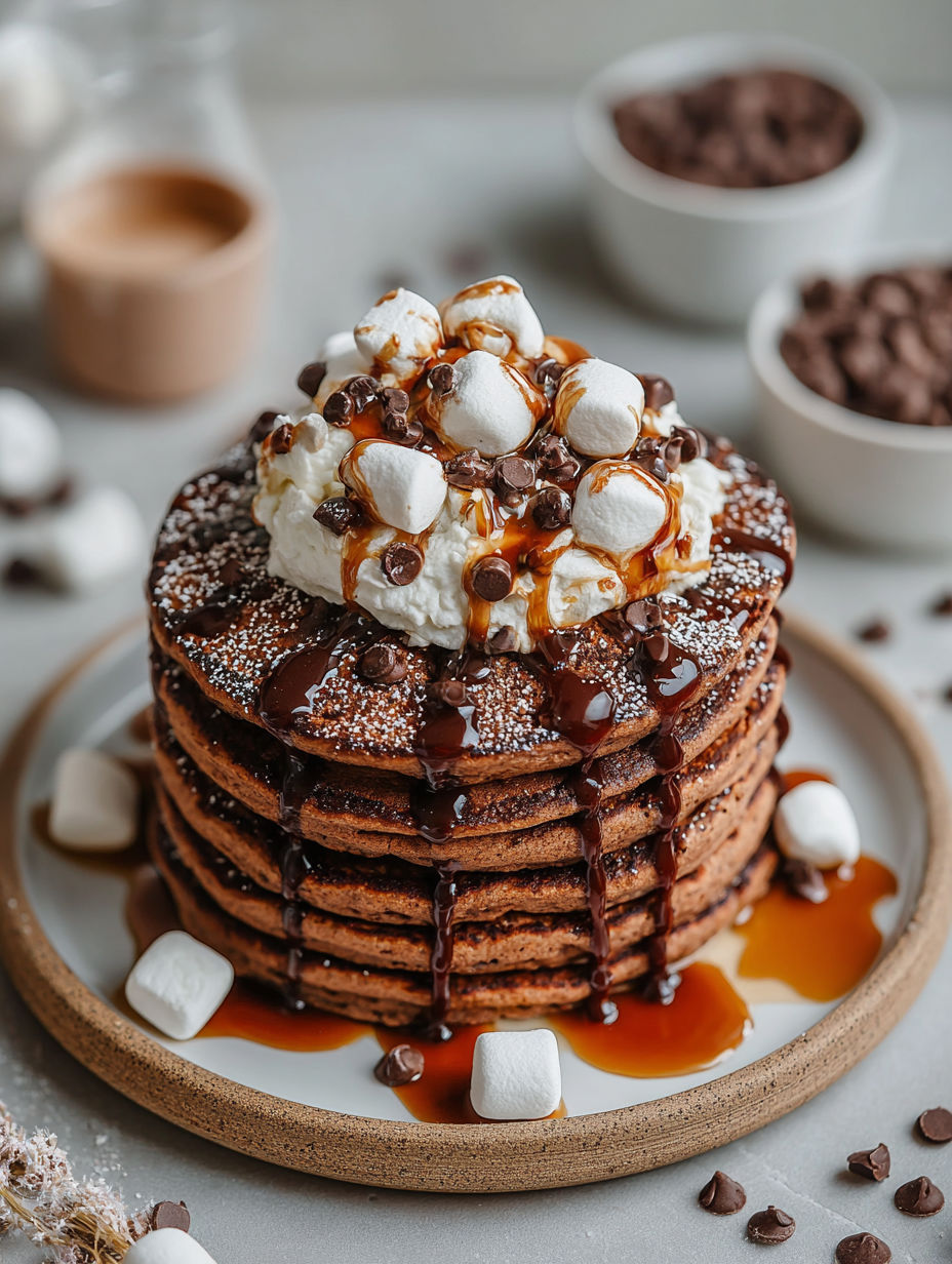 A stack of pancakes with chocolate syrup and marshmallows on top.