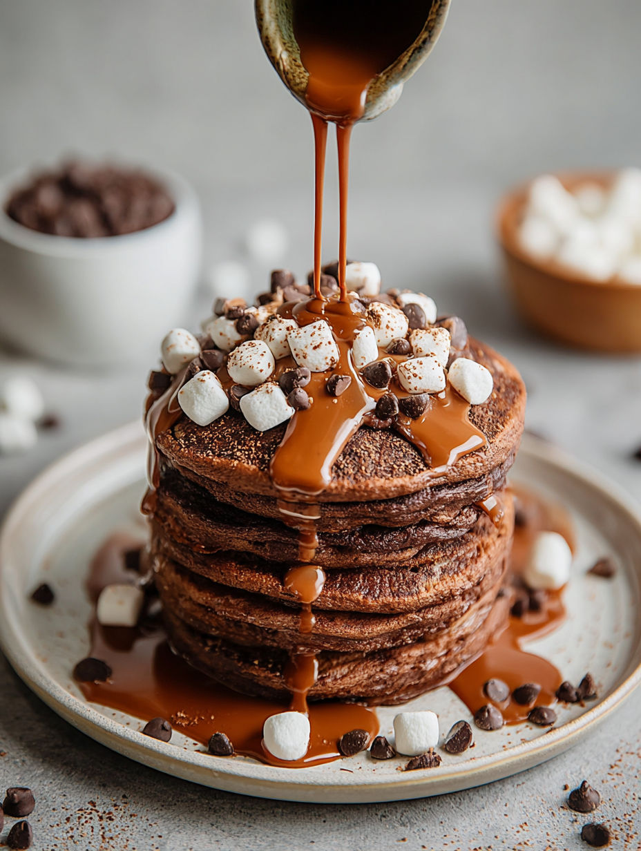 A stack of pancakes with chocolate syrup drizzled on top.