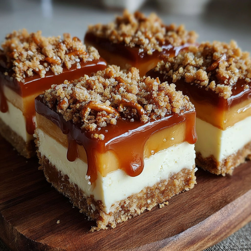 Salted caramel pretzel cheesecake squares.