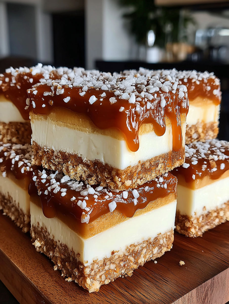 Salted caramel pretzel cheesecake squares.