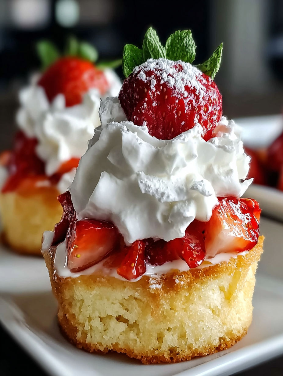 A cupcake with whipped cream and strawberries on top.