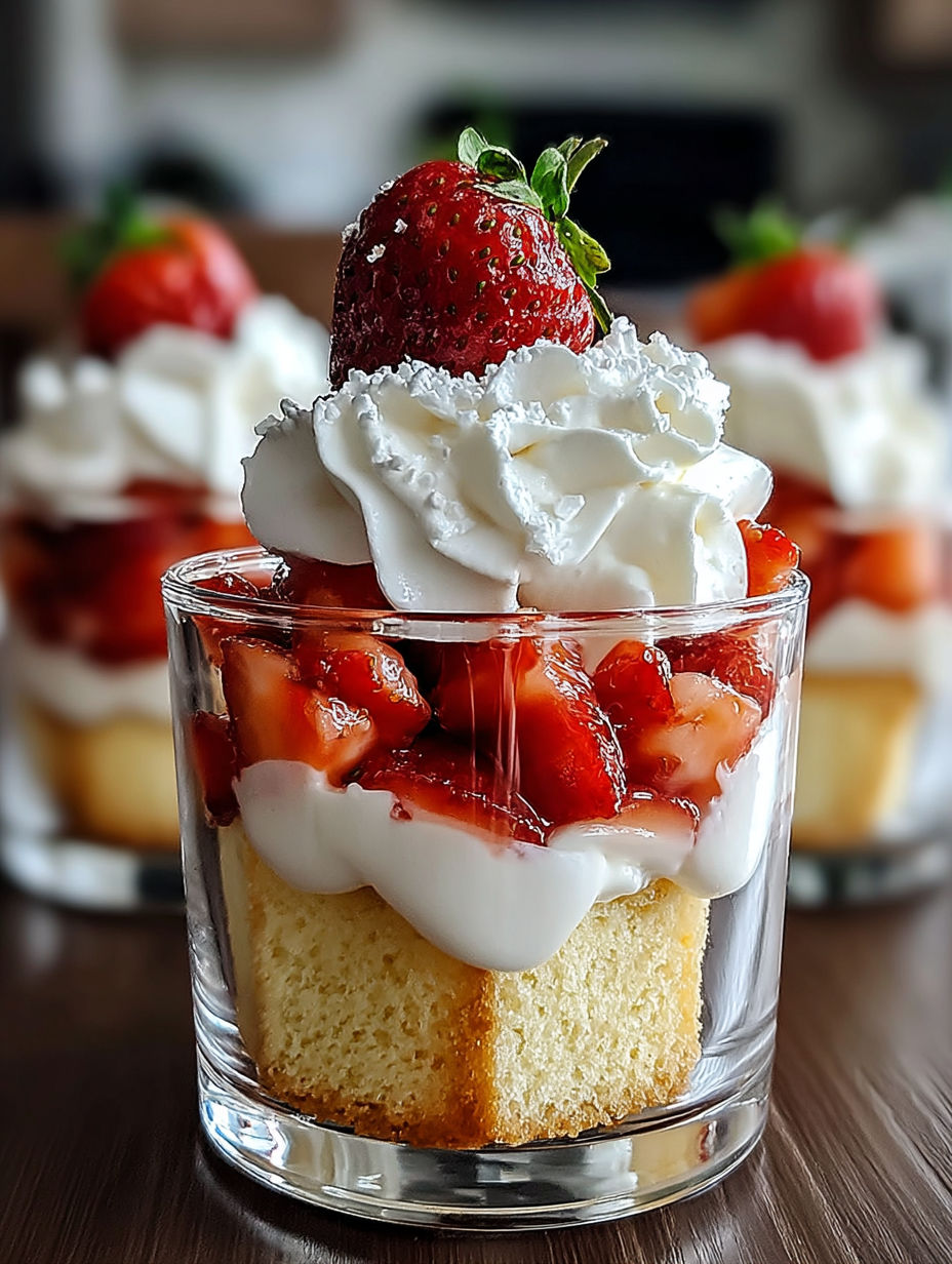 A glass of strawberry shortcake with whipped cream.
