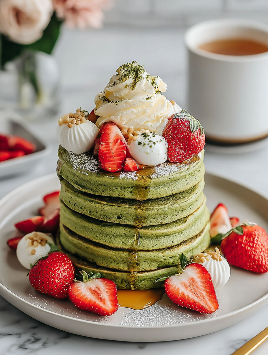 A stack of green pancakes with white whipped cream and strawberries on top.